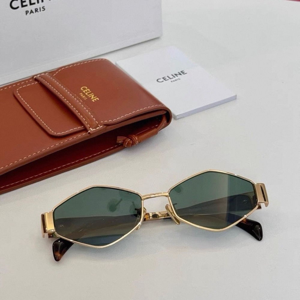 Celine Hexagonal Gold Sunglasses with Dark Green Lenses